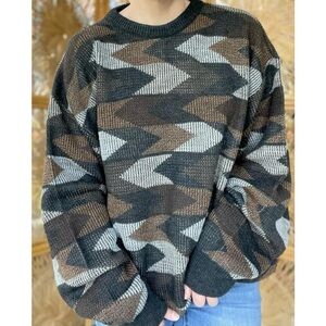 Vintage Geometric Chevron Black Gray Brown Chevron Knit Knightsbridge Sweater XL